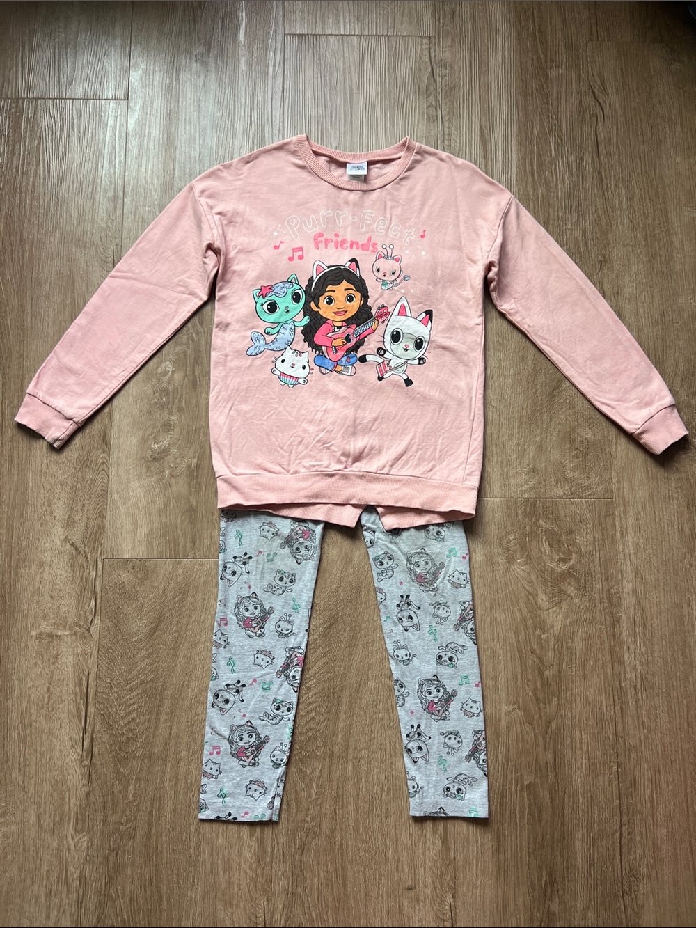 Gabby’s Dollhouse Girls Pink Graphic Sweatshirt & Grey Graphic Leggings Size 7/8